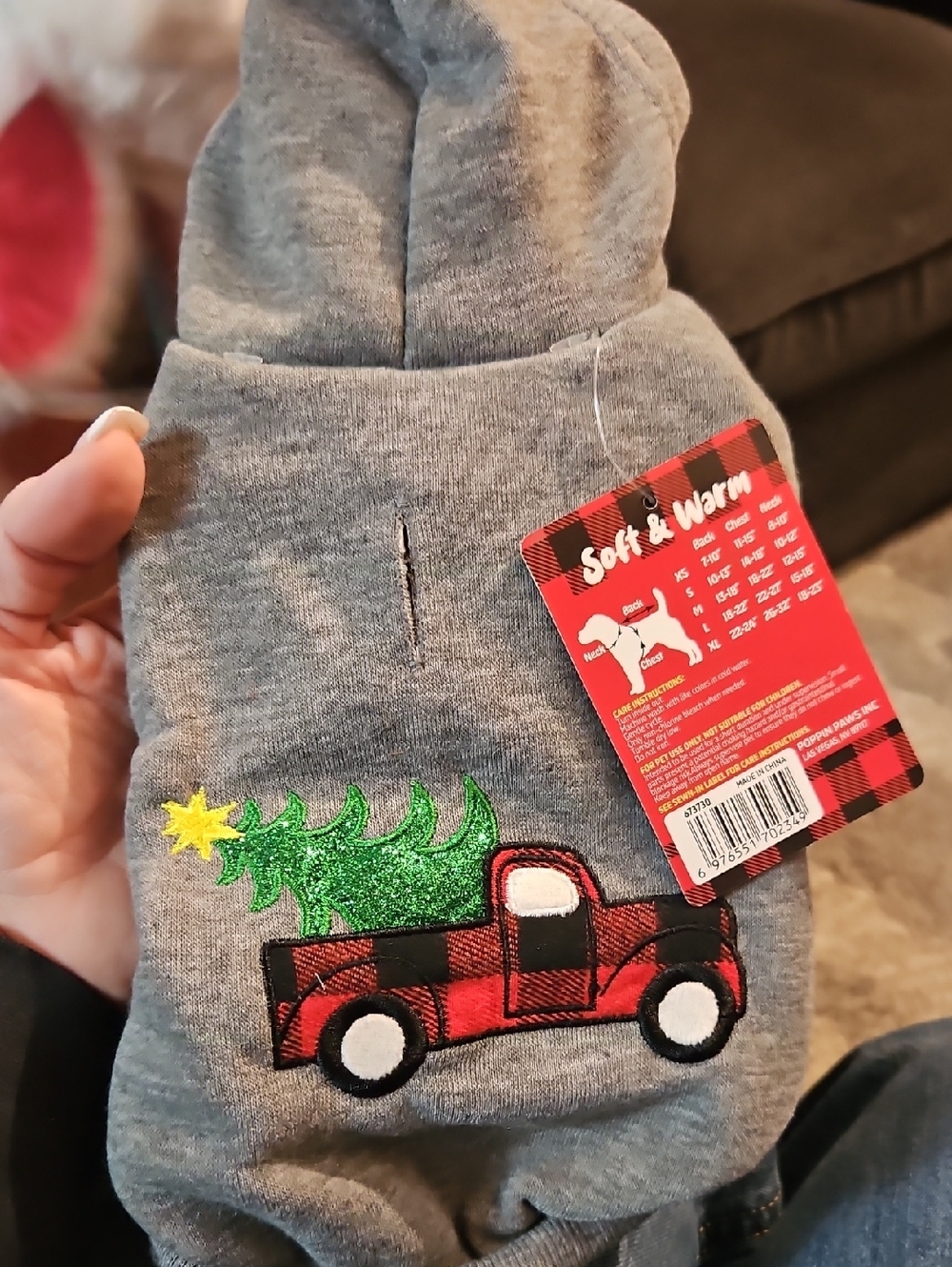 Gray Pet Hoodie with Red Plaid Truck and Green Glitter Tree